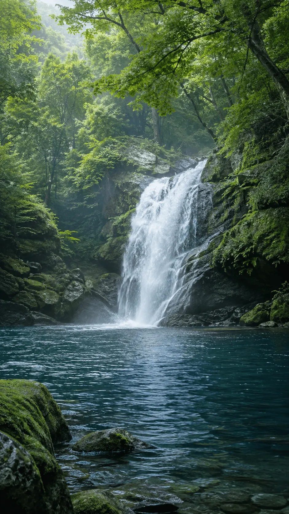 A forest waterfall flowing over moss-covered rocks