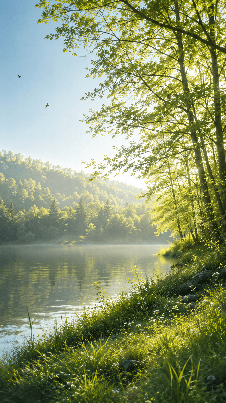 Morning sunlight through green trees beside a quiet forest lake