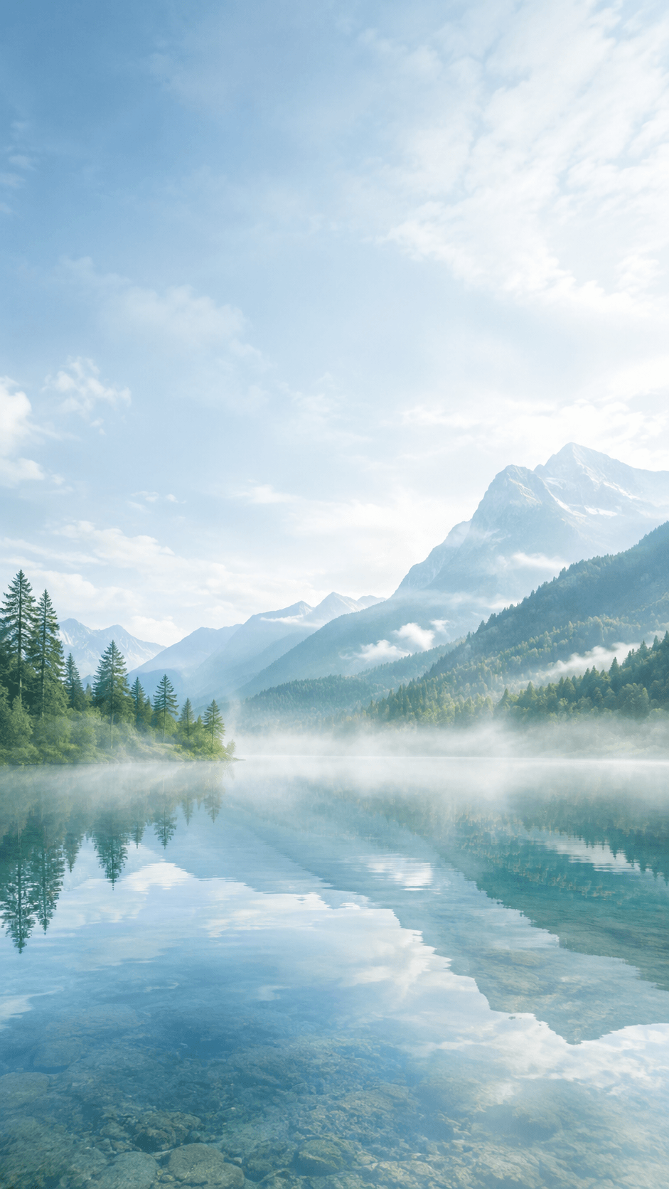 Morning mist resting on a still mountain lake