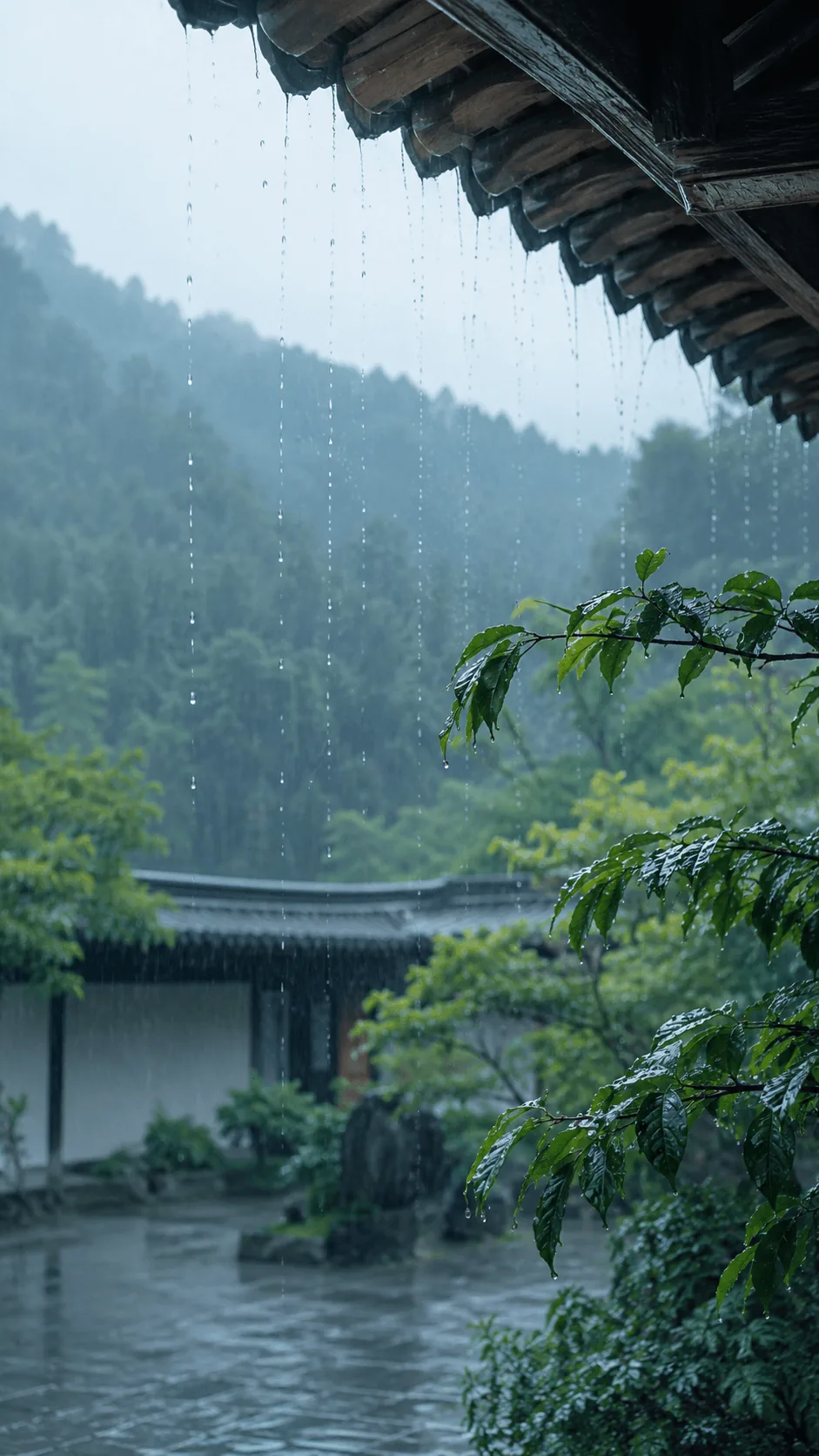 Daylight rain falling from traditional eaves into a green courtyard