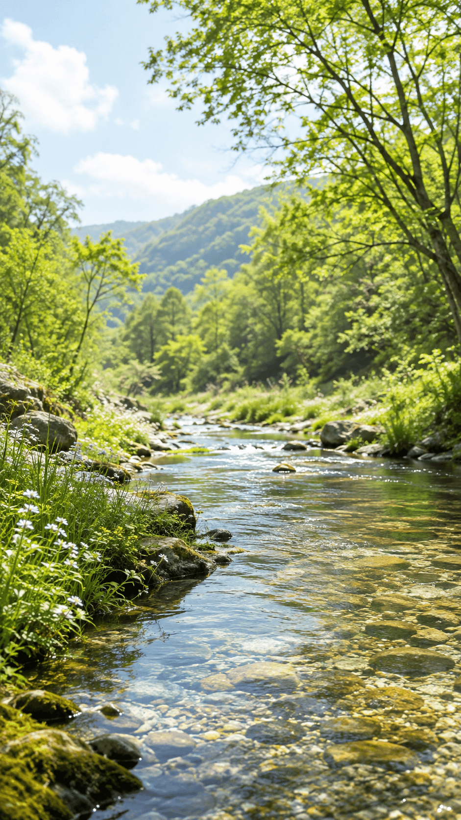 A bright river flowing through a green mountain valley