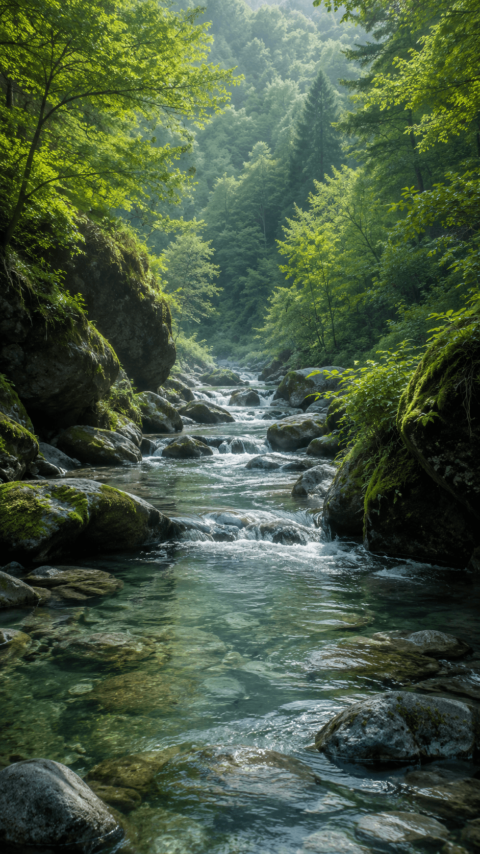 A clear mountain stream flowing through a quiet forest