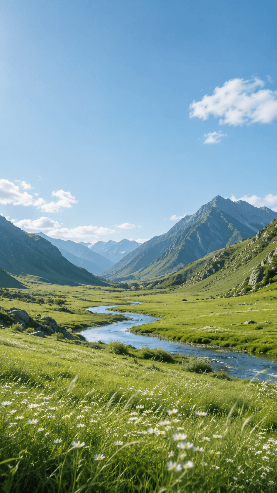 Sunlight crossing a quiet green valley beneath forested mountains