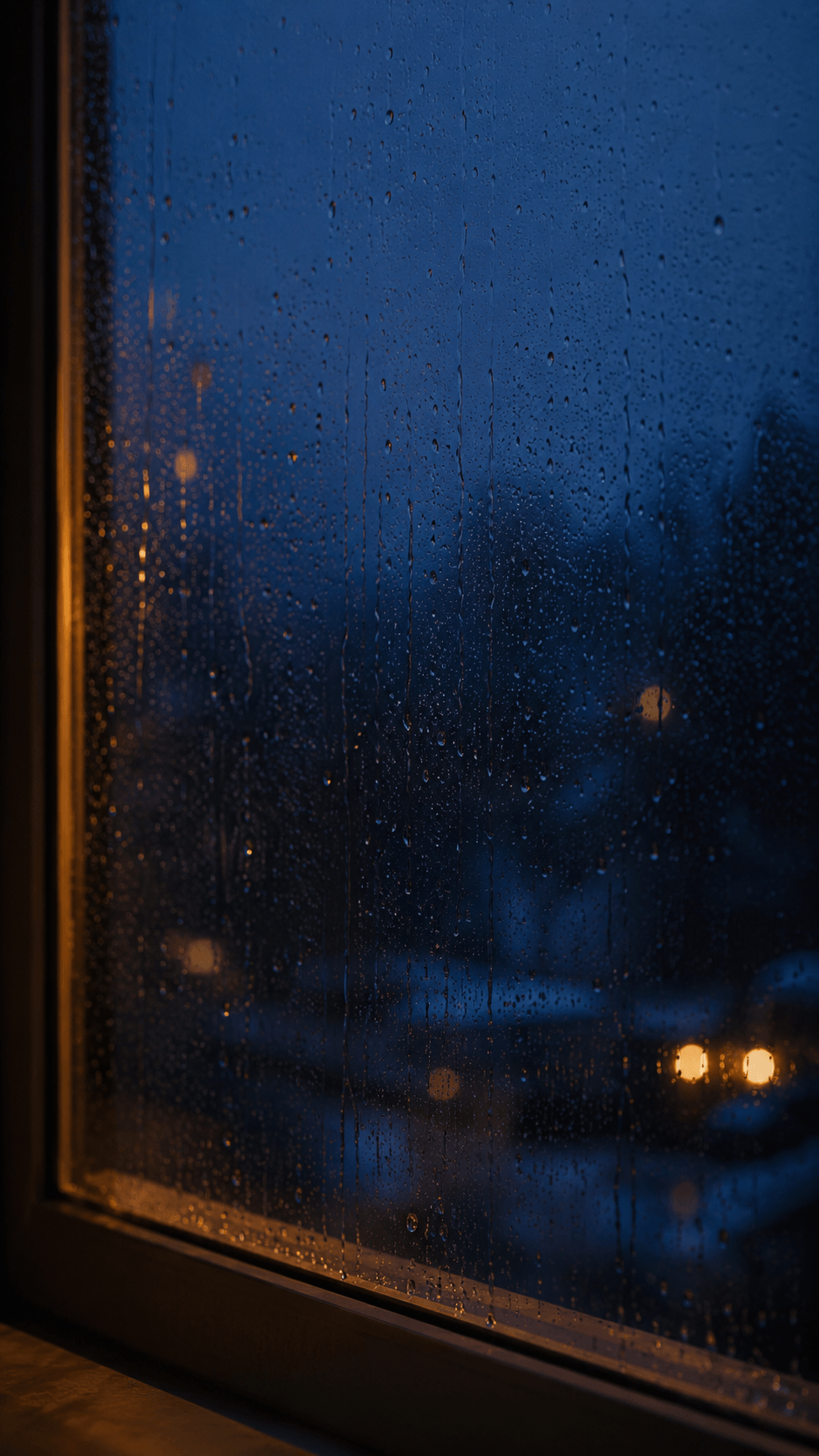 Rain tracing a quiet window at night
